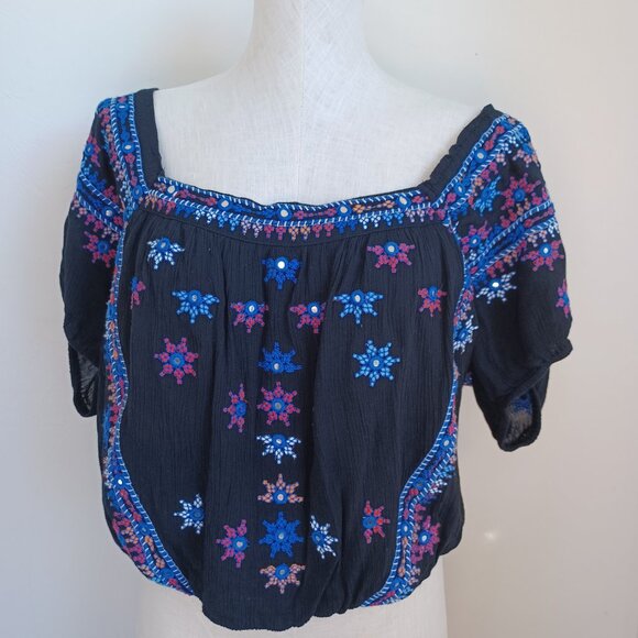 Free People Top Black Embroidered Mirror Cropped Peasant Boho Womens Large - Picture 10 of 13